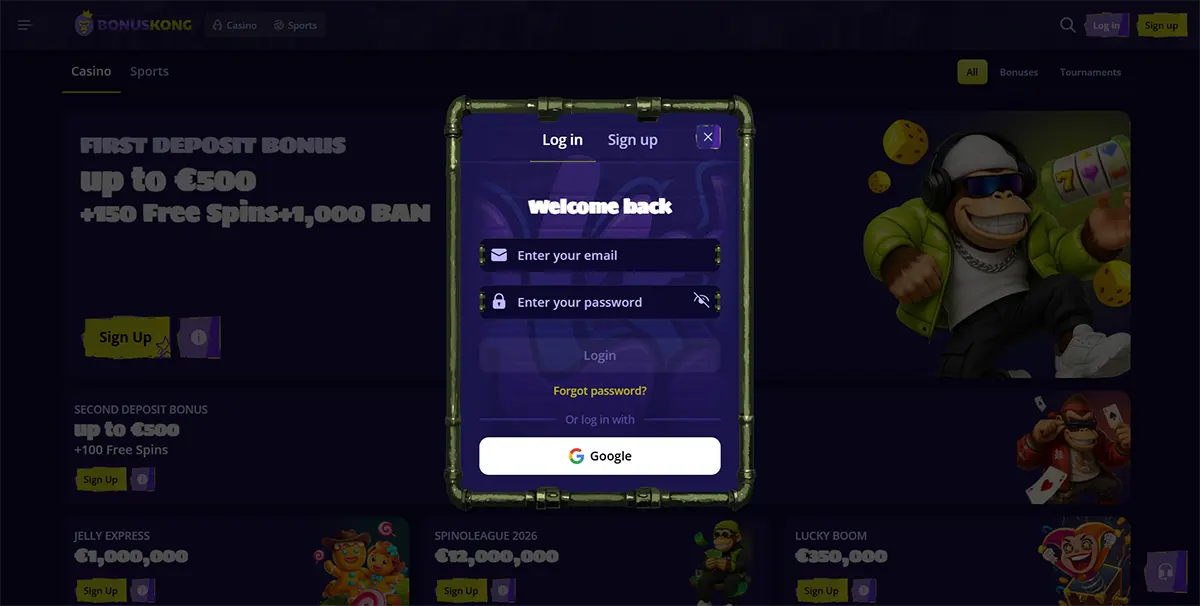 Casino login popup with email and password fields, Google sign-in option, and a “Welcome back” message displayed over a dark bonus page background.